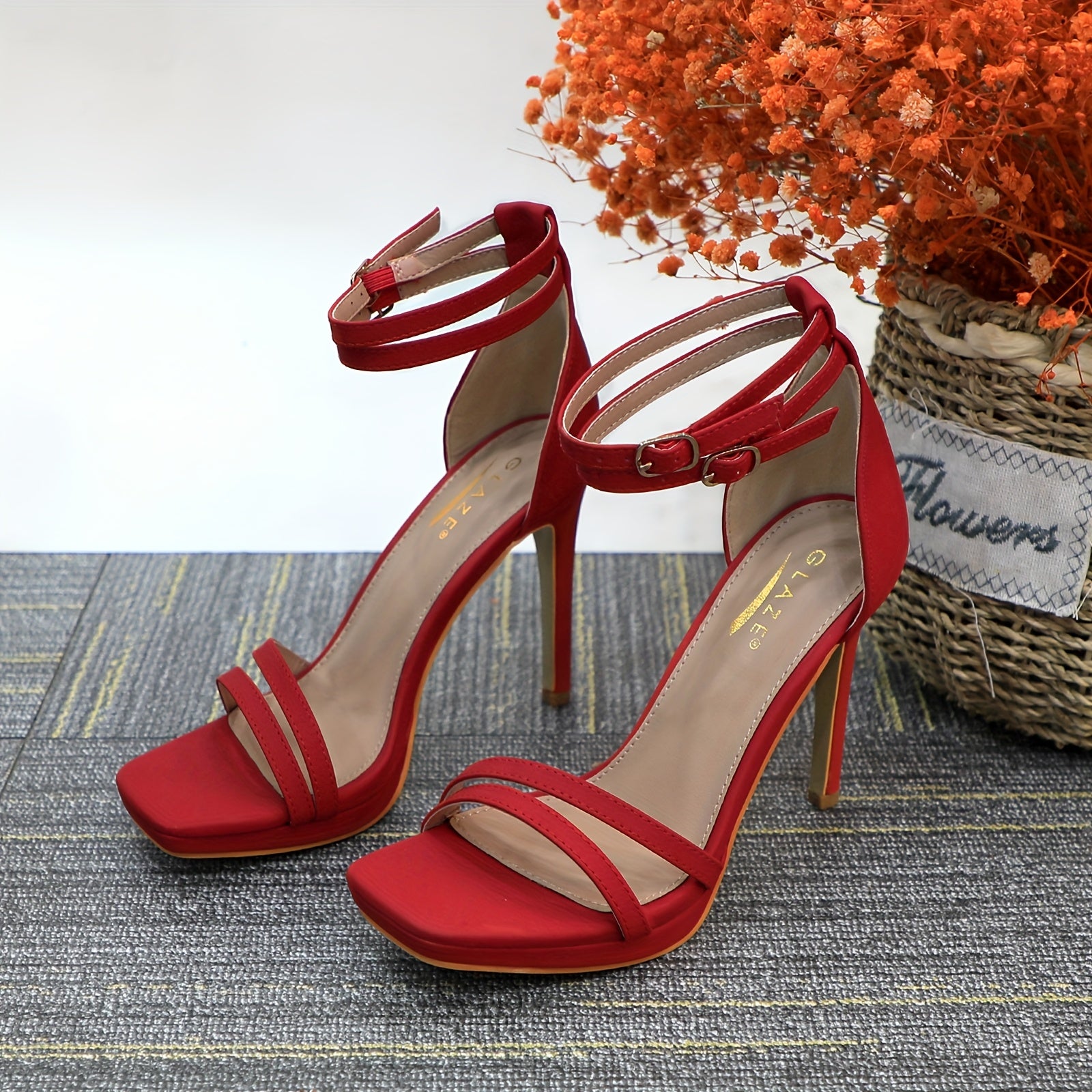 Elegant Red Stiletto Sandals for Women - 4.3" High Heel, Open Toe with Ankle Strap & Buckle Detailing, Breathable PU Cover Pumps for Parties, Weddings, and Daily Wear, Stiletto Heels
